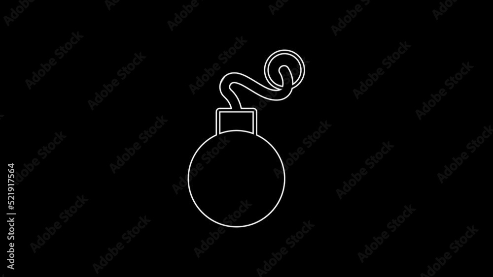 White line Bomb ready to explode icon isolated on black background. 4K Video motion graphic animation White line Bomb ready to explode icon isolated on black background. 4K Video motion graphic animation