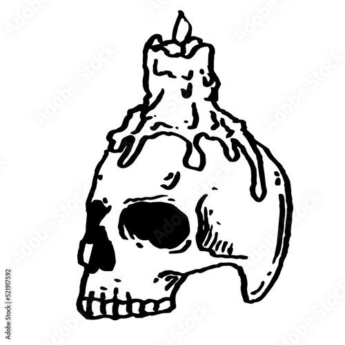 Candle on skull black and white ink