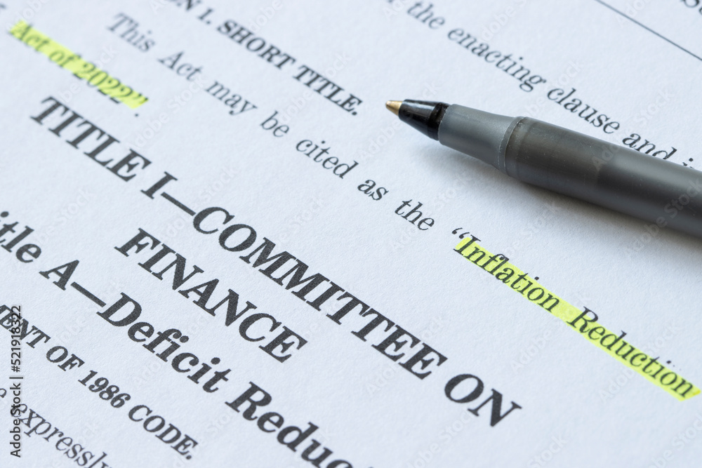 Closeup of the documents of the Inflation Reduction Act of 2022. The Unites States Senate passed the Inflation Reduction Act, the climate, tax and healthcare legislation, on Sunday, August 7, 2022. Closeup of the documents of the Inflation Reduction Act of 2022. The Unites States Senate passed the Inflation Reduction Act, the climate, tax and healthcare legislation, on Sunday, August 7, 2022.