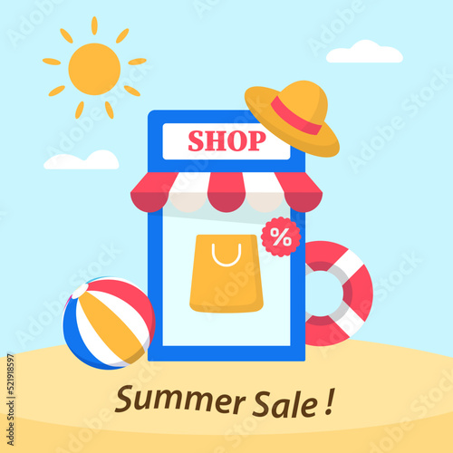 Summer fashion online shop promotion social media marketing with swimming tire beach ball and sun floppy hat vector illustration flat design