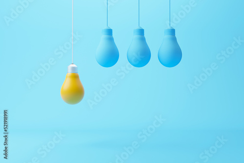 Hanging light bulb yellow outstanding among lightbulb group. Concept of creative idea and innovation, Unique, Think different, Individual and standing out from the crowd. 3d render illustration