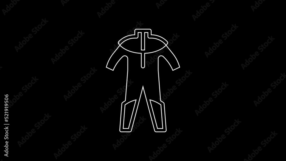 White line Wetsuit for scuba diving icon isolated on black background. Diving underwater equipment. 4K Video motion graphic animation White line Wetsuit for scuba diving icon isolated on black background. Diving underwater equipment. 4K Video motion graphic animation