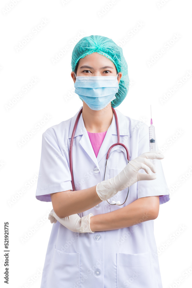 doctor or nurse uniform wearing surgical mask and vaccine dose flu shot drug syringe isolated on white background, mature female medical nurse or practitioner with stethoscope . Healthcare concept doctor or nurse uniform wearing surgical mask and vaccine dose flu shot drug syringe isolated on white background, mature female medical nurse or practitioner with stethoscope . Healthcare concept