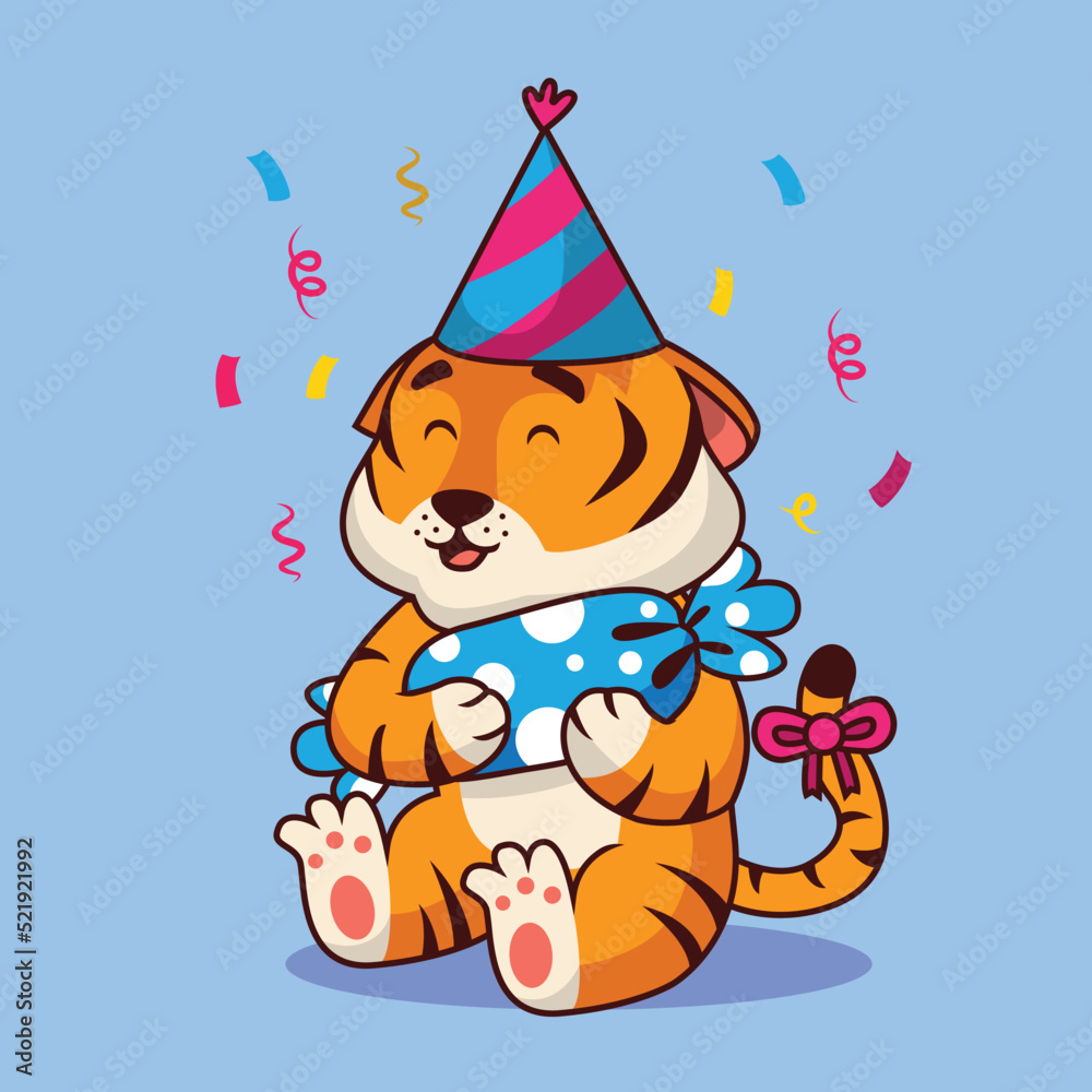 Fototapeta premium Cute tiger birthday party cartoon illustration