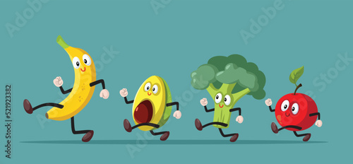 Fruits and Vegetables Running Together Vector Cartoon Illustration. Happy fresh grocery items full of energy and vitality 