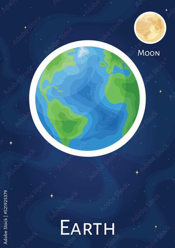 Flat astronomical planet Earth design sticker, cartoon round celestial object with satelite Moon patch, comic space sphere vector illustration label on blue cosmic background for astronomy graphic Flat astronomical planet Earth design sticker, cartoon round celestial object with satelite Moon patch, comic space sphere vector illustration label on blue cosmic background for astronomy graphic