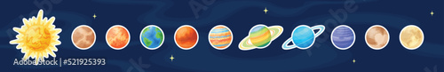 Flat sun and solar system planets art patch set, cartoon space objects vector label, comic celestial body design sticker collection on blue cosmic background for science game graphic illustration