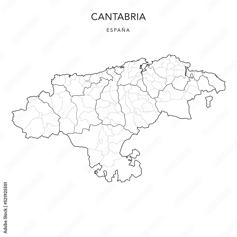 Geopolitical Vector Map of the Autonomous Community of Cantabria with Judicial Areas, Comarques and Municipalities (Municipios) as of 2022 - Spain