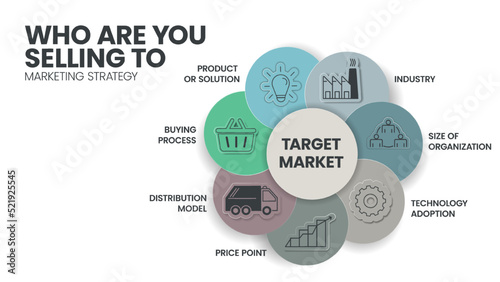 Who are selling to Infographic has 7 steps to analyze such as industry, size of organization, technology adoption, price point, distribution model, buying process and product or solution. Web banner.