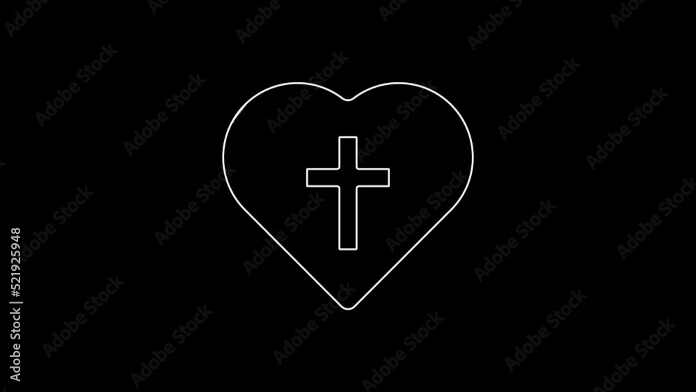 White line Christian cross in heart icon isolated on black background. Happy Easter. 4K Video motion graphic animation White line Christian cross in heart icon isolated on black background. Happy Easter. 4K Video motion graphic animation