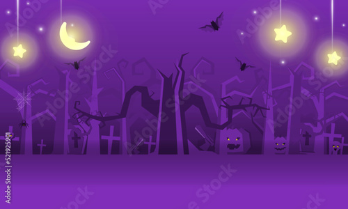 Happy Halloween poster of pumpkin on graveyard, Tree dark purple night and tombstone skeleton skull Halloween holiday greeting card vector design