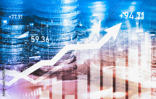 Finance and money technology background concept of business prosperity and asset management . Creative graphic show economy and financial growth by investment in valuable asset to gain wealth profit .