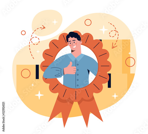 Product quality concept. Man shows big guy in brand. Rating and ranking of goods, customer feedback and communication. Users opinion on internet, label and mark. Cartoon flat vector illustration