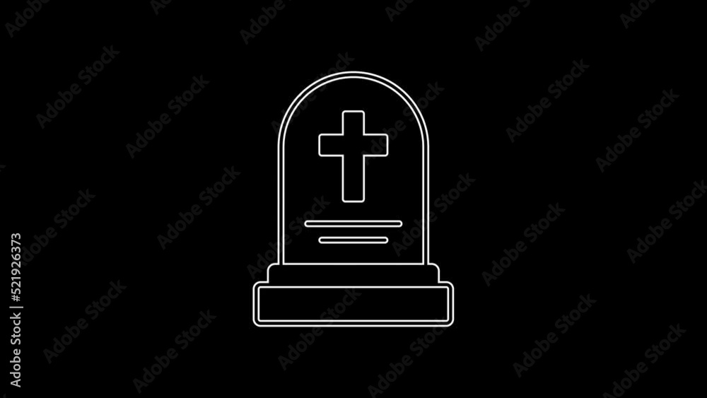 White line Grave with tombstone icon isolated on black background. 4K Video motion graphic animation White line Grave with tombstone icon isolated on black background. 4K Video motion graphic animation