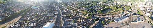 High Angle Drone's View of Luton City Center and Railway Station, Luton England. Luton is town and borough with unitary authority status, in the ceremonial county of Bedfordshire;  photo