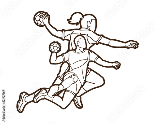 Group of Handball Players Male and Female Action Together Cartoon Sport Team Graphic Vector	