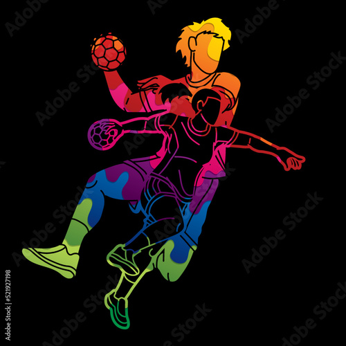 Group of Handball Players Male and Female Action Together Cartoon Sport Team Graphic Vector 