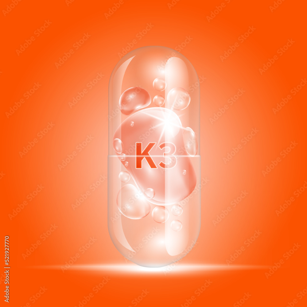 Vitamin K3 orange drop water inside capsule transparent. Collagen