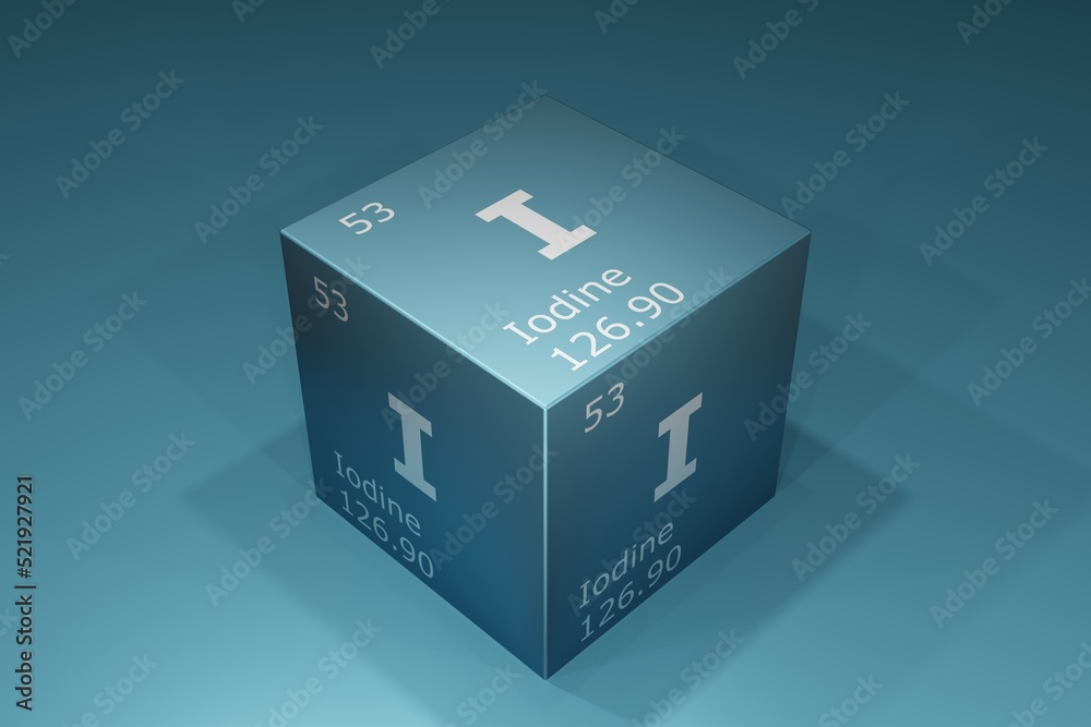 Iodine, 3D rendering of symbols of the elements of the periodic table ...