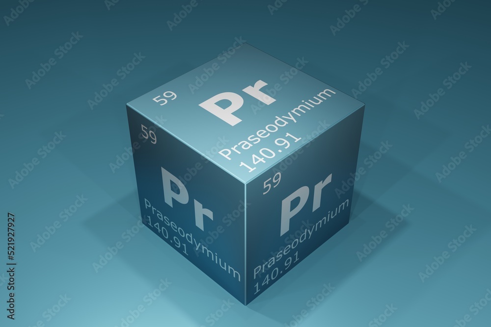 Praseodymium, 3D rendering of symbols of the elements of the periodic table, atomic number, atomic weight, name and symbol. Education, science and technology. 3D illustration Praseodymium, 3D rendering of symbols of the elements of the periodic table, atomic number, atomic weight, name and symbol. Education, science and technology. 3D illustration