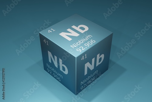 Niobium, 3D rendering of symbols of the elements of the periodic table, atomic number, atomic weight, name and symbol. Education, science and technology. 3D illustration