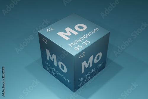 Molybdenum, 3D rendering of symbols of the elements of the periodic table, atomic number, atomic weight, name and symbol. Education, science and technology. 3D illustration