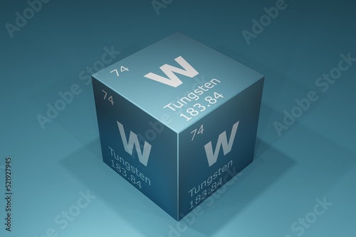 Tungsten, 3D rendering of symbols of the elements of the periodic table, atomic number, atomic weight, name and symbol. Education, science and technology. 3D illustration
