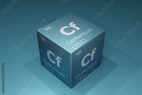 Californium, 3D rendering of symbols of the elements of the periodic table, atomic number, atomic weight, name and symbol. Education, science and technology. 3D illustration