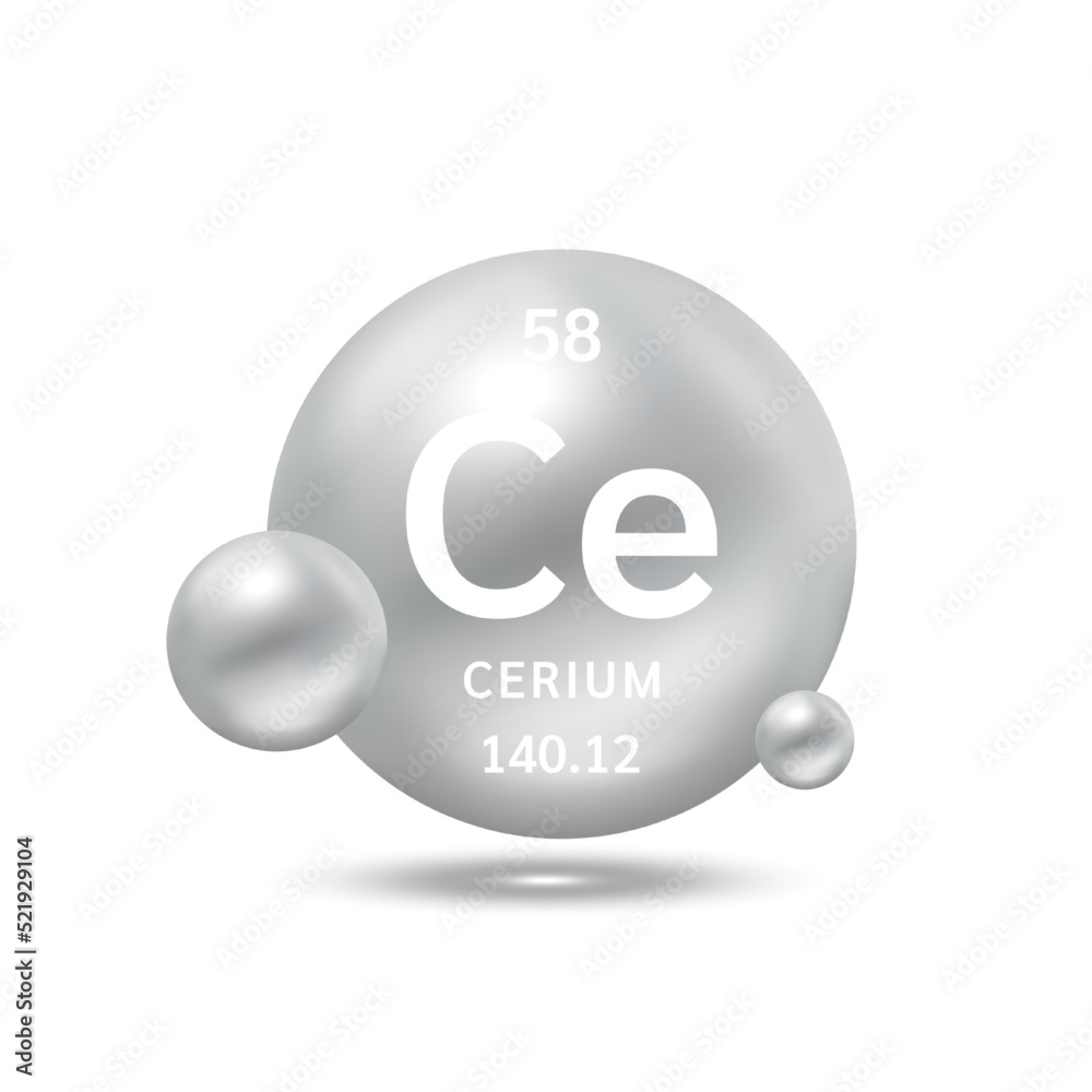 Cerium molecule models silver and chemical formulas scientific element. Natural gas. Ecology and biochemistry concept. Isolated spheres on white background. 3D Vector Illustration. Cerium molecule models silver and chemical formulas scientific element. Natural gas. Ecology and biochemistry concept. Isolated spheres on white background. 3D Vector Illustration.