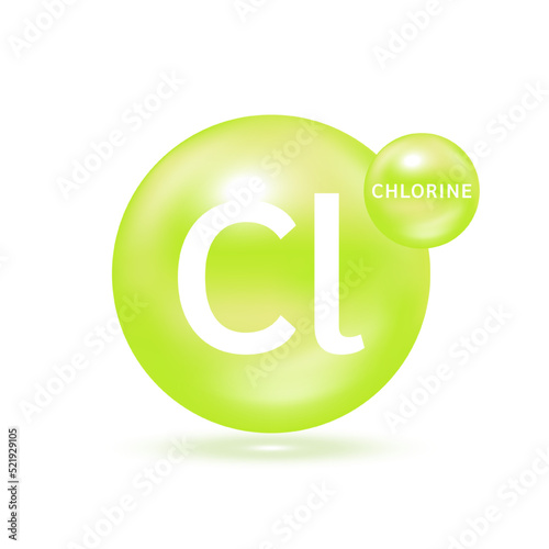 Chlorine molecule models green. Natural gas. Ecology and biochemistry concept. Isolated spheres on white background. 3D Vector Illustration.