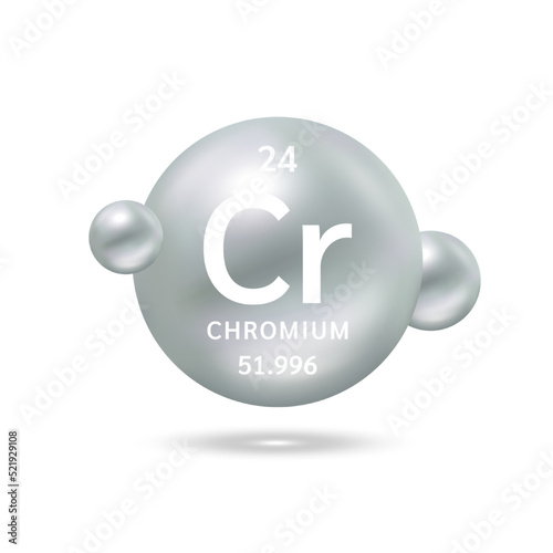 Chromium molecule models silver and chemical formulas scientific element. Natural gas. Ecology and biochemistry concept. Isolated spheres on white background. 3D Vector Illustration.
