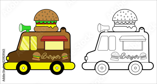 Coloring book. Cartoon fast-food car with a big hamburger for kids activity colouring pages. Vector illustration