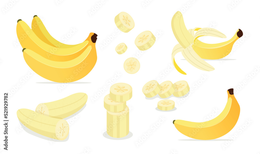 Set of banana. Sliced and full fruits, vegetarian diet and proper nutrition. Collection of natural, organic and fresh products. Cartoon flat vector illustrations isolated on white background Set of banana. Sliced and full fruits, vegetarian diet and proper nutrition. Collection of natural, organic and fresh products. Cartoon flat vector illustrations isolated on white background
