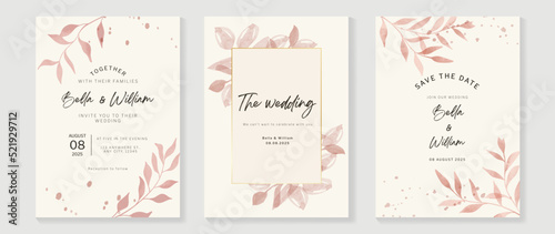 Fototapeta Naklejka Na Ścianę i Meble -  Luxury fall wedding invitation card template. Watercolor card with gold line art, leaves branches, foliage. Elegant autumn botanical vector design suitable for banner, cover, invitation.