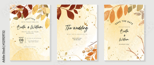 Luxury fall wedding invitation card template. Watercolor card with gold line art, leaves branches, foliage. Elegant autumn botanical vector design suitable for banner, cover, invitation.