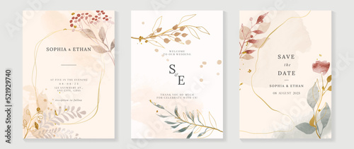 Luxury fall wedding invitation card template. Watercolor card with gold line art, leaves branches, foliage. Elegant autumn botanical vector design suitable for banner, cover, invitation. photo