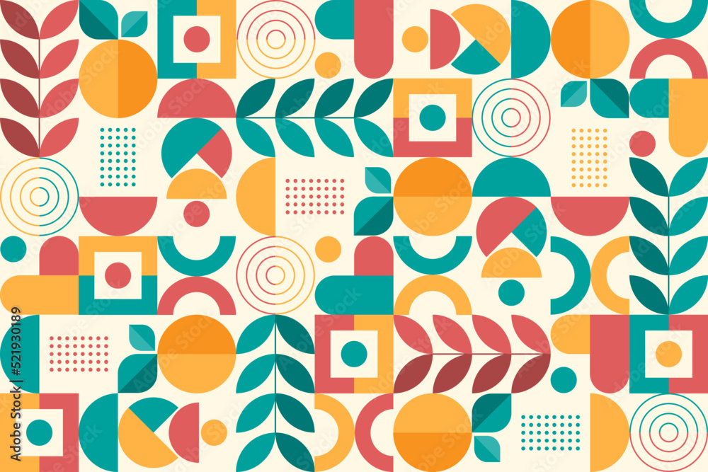 Abstract colorful flat geometric background, mosaic pattern design with the simple shape of circles, squares, dots, and lines. Mural design. Neo geometric. Vector Illustration.