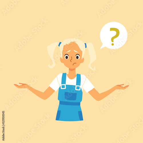 Cartoon character of kid girl think with question mark, ask for solving problem.