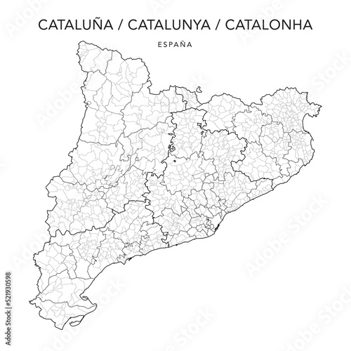 Geopolitical Vector Map of the Autonomous Community of Catalonia (Cataluña/Catalunya/Catalonha) with Provinces, Judicial Areas, Comarques and Municipalities as of 2022 - Spain