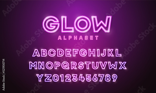 Neon alphabet with numbers and letters in pink purple led. Bright glow Vector font that can be used for concepts like night life, clubs, sex and erotic, glamorous and other trendy events