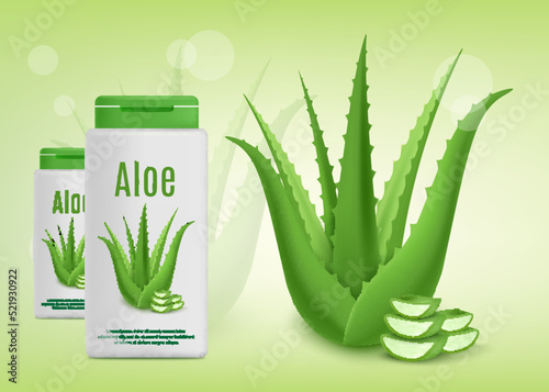 Aloe vera cosmetic gel or shampoo in white bottle, 3D realistic vector banner. Vera plant skincare, horizontal template.