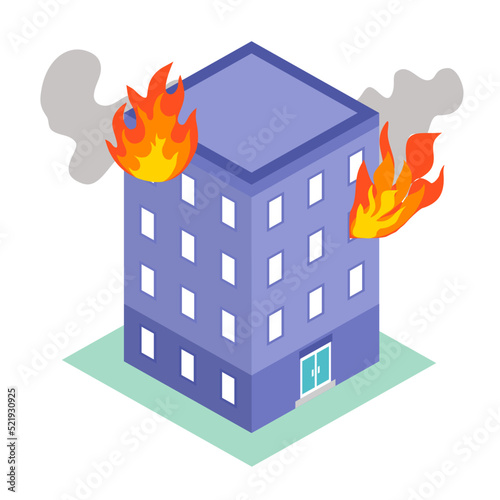 Fire burning tower of apartment building. Orange flames in the windows. Building fire flat design vector illustration.