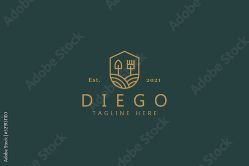 Creative Minimalist Farm Logo Badge Concept. Shovel and Rake Inside The Shield. Classic Template Design Brand Identity.