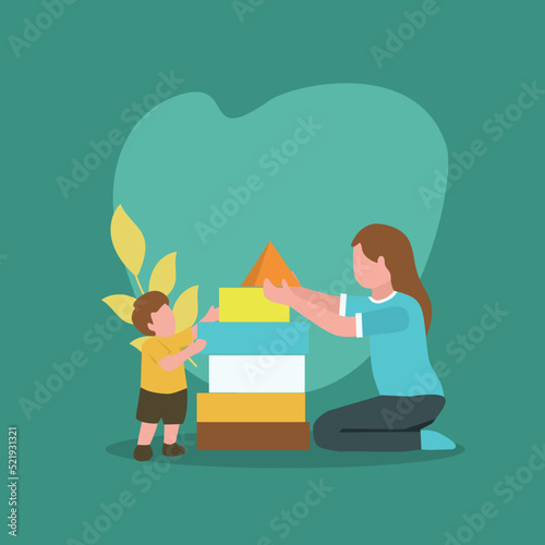 Simple Vector illustration background about young mom playing with her son building a house from foam puzzle block toy, parenting vector illustration. Happy family playing together concept.