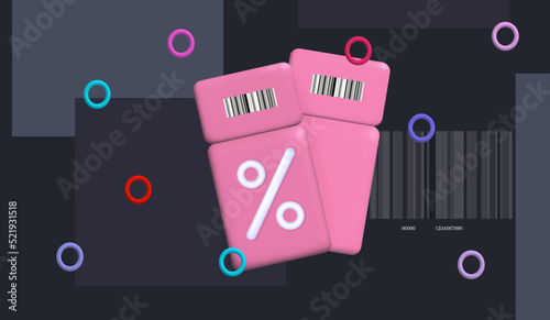 Gift voucher, bonus coupon 3d. Vector banner advertising big discounts, special offer. Flying coupon with percent icon, barcode. Sales promotion, favorable offer, free voucher. Lucky win, code, price.