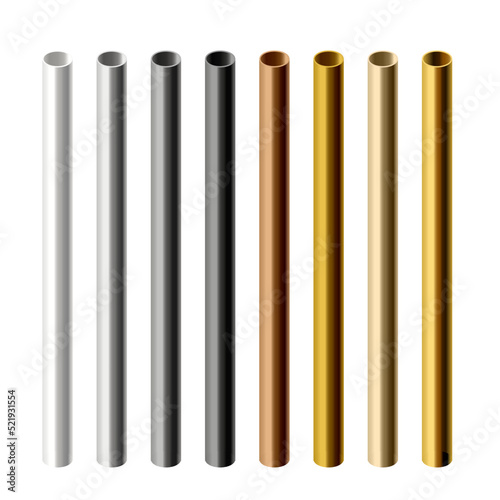 Pipes of steel and aluminum, brass realistic vector illustration isolated.