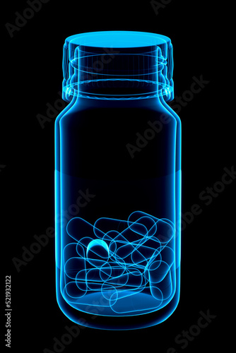 3D Medicine Bottle Hologram Isolated on Black Background