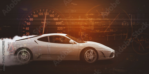 Double exposure of luxury car moving fast