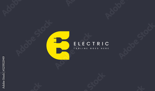 Initial Letter E Electricity Logo. Yellow Square Shape E Letter with Negative Space Wire and Plug Icons inside. Flat Vector Logo Design Template Element.