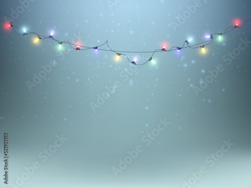 Christmas lights. Colorful glowing garlands. Vector bright, multi-colored flickering light bulbs on wires. Vector PNG